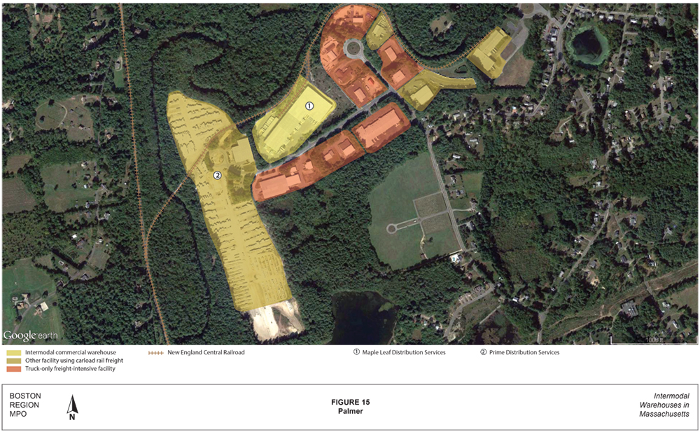 FIGURE 15. Palmer
This is an aerial photo of part of Palmer with an intermodal warehouse and other industrial land uses highlighted.
